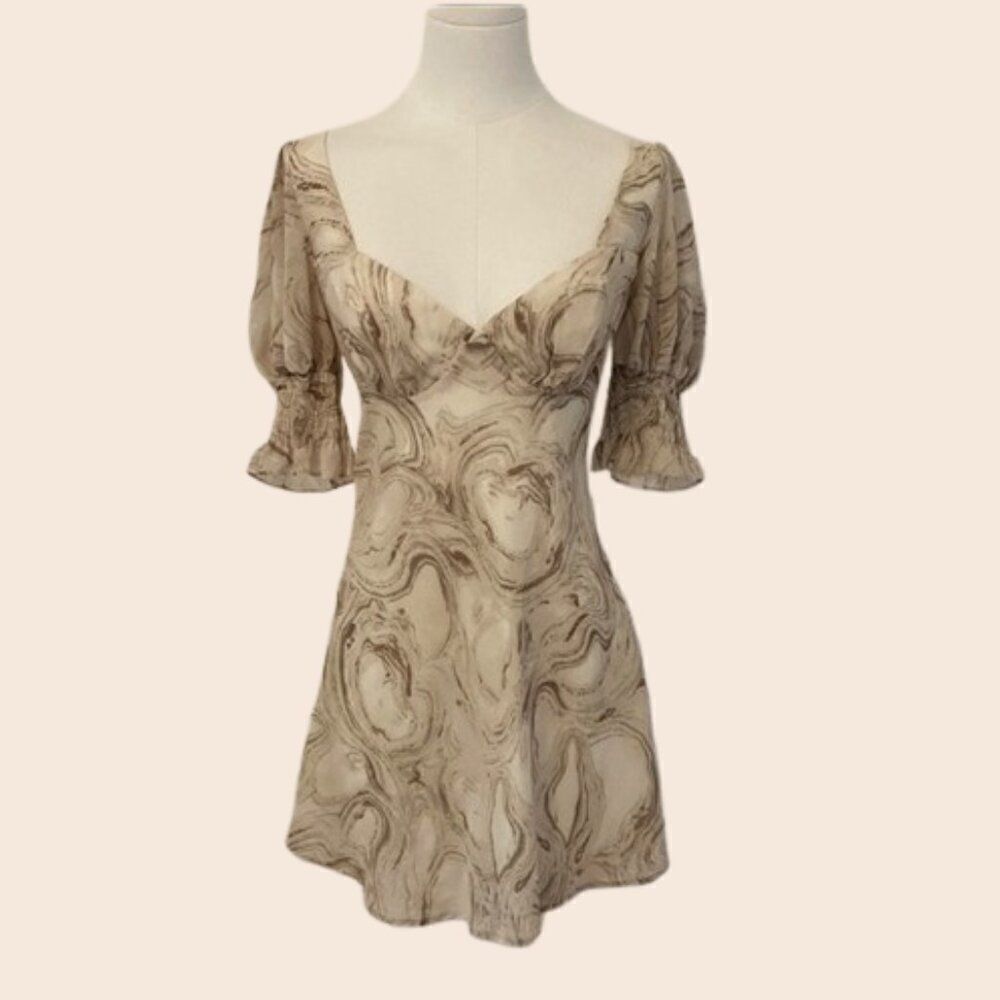 Saints + Secrets Tan & White Marble Print Dress Size Small